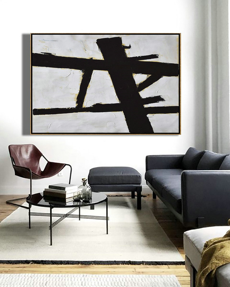 Abstract Art Decor,Contemporary Painting,Horizontal Palette Knife Minimal Canvas Art Painting Black White Beige - Custom Oil Painting